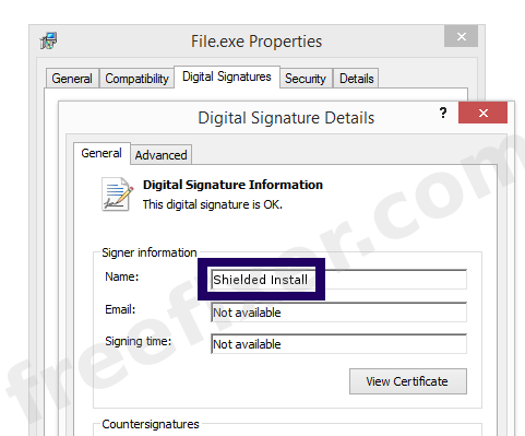 Screenshot of the Shielded Install certificate